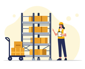Minimalistic flat style illustration of warehouse worker organizing inventory with boxes on shelves and cart. worker is focused and efficient in their task