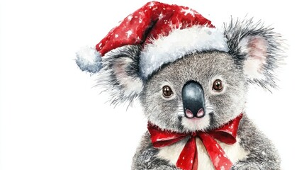 Adorable koala with a Christmas hat and red ribbon, watercolor painting, isolated on white