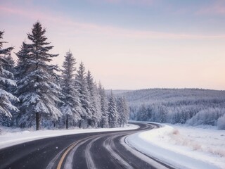 Winding road through a snowy forest landscape under a soft winter sky at dusk.
