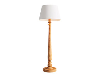 a wooden floor lamp with a white shade