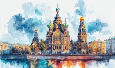 Obraz premium Watercolor Cathedral of the Resurrection of Christ in Saint Petersburg, Russia. Church of the Savior on Blood