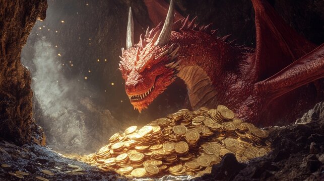 A red dragon guards a massive treasure trove of gold coins in a dimly lit cavern filled with glowing particles