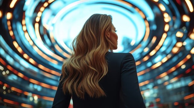 A woman is enveloped by mesmerizing spiral neon lights in a bustling urban environment, evoking a sense of wonder and modern urban experience.