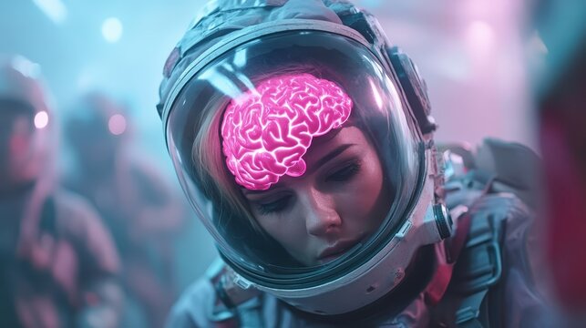 A futuristic astronaut with a transparent helmet showcasing a glowing pink brain is the focal point, set in an abstract colorful backdrop that suggests introspective exploration.