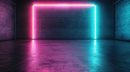 An empty room features minimalist design with contrasting pink and blue neon lights creating a contemporary space packed with potential and endless creative energy.
