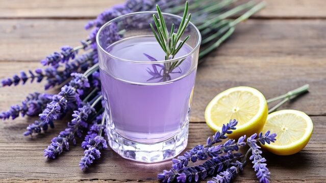 Lavender liqueur in a sparkling glass, decorated with fresh lavender and lemon, on a rustic surface with scattered flowers
