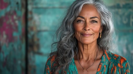 Naklejka premium An elegant woman with flowing gray hair poses confidently against a textured teal wall, exuding a sense of wisdom, strength, and modern sophistication.