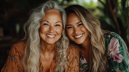 Obraz premium An elderly woman with long gray hair smiles warmly alongside a younger woman, both wearing floral shirts, emphasizing family bonds and joy.