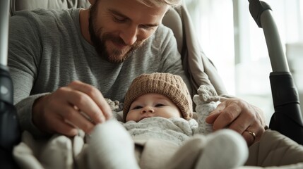Obraz premium A caring man attentively tends to a baby dressed warmly in a stroller, conveying tenderness and the deep bond between parent and child in a loving setting.