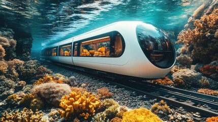 A futuristic train travels through an underwater tunnel, surrounded by vibrant coral reefs.