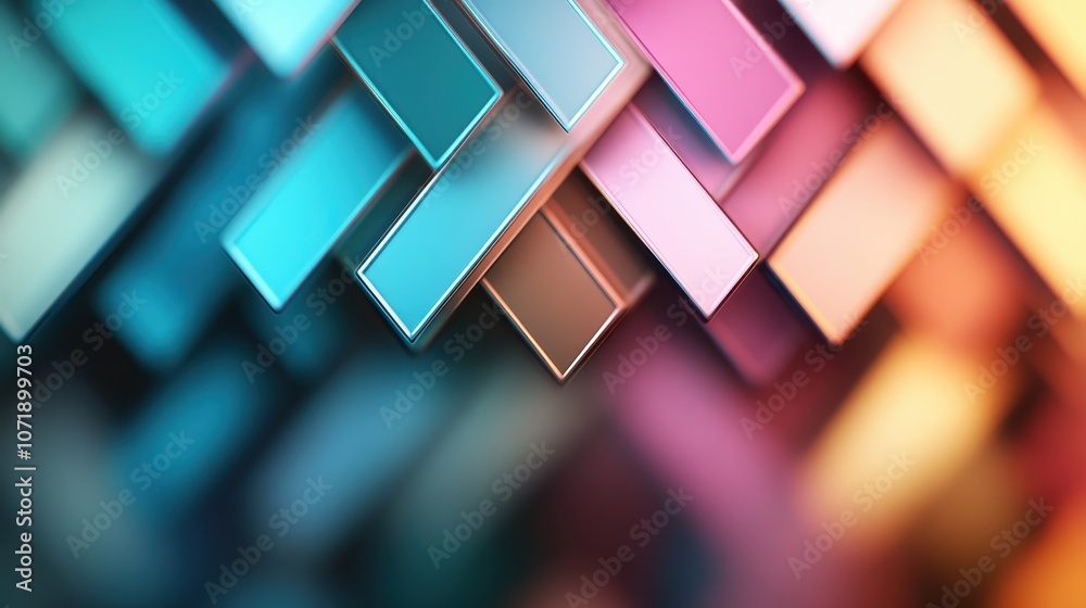 Poster a vibrant and dynamic geometric design featuring multicolored rectangular elements blending with sof
