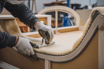 A skilled craftsman meticulously uses a specialized tool to smooth and secure padding onto a custom-designed upholstered furniture frame. 