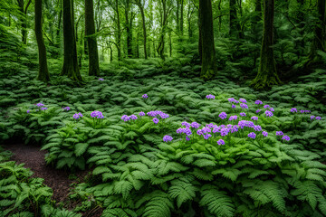 Obraz premium Lavender phlox flowers in a shaded woodland clearing with tall green ferns around, AI Generated