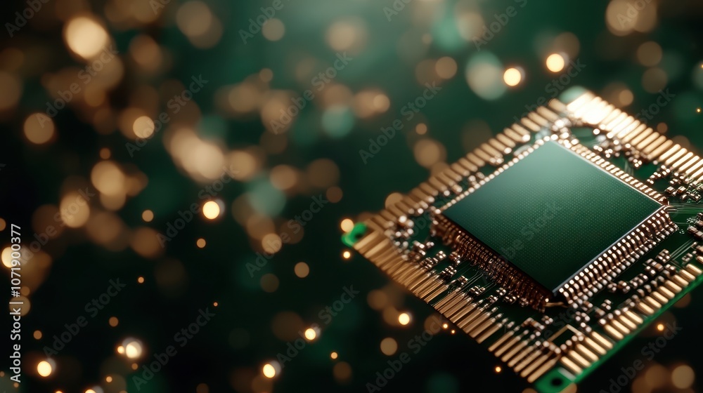 Poster an intricately designed microprocessor with a network of golden lines on a green background, symboli