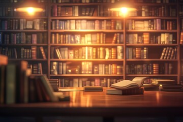 Cozy library interior with warm light and many books