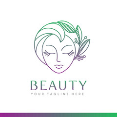 beauty logo with woman inside leaf circle style, feel to nature organic for cosmetic products, beauty salon, spa, beauty center, hair salons, etc.