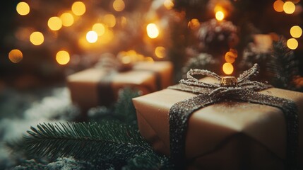 photography of retro gifts in craft paper among pine branches and garlands, angled shot, warm light, minimalistic composition, free space for text on the left, Mockup for design
