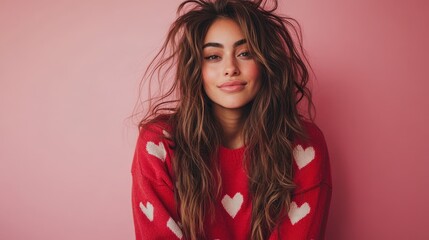 Fototapeta premium A woman with tousled hair and soft smile poses against a pink backdrop, wearing a red sweater adorned with white hearts, exuding a sense of relaxed warmth.