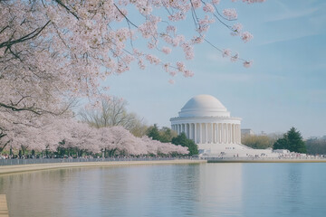 Obraz premium Serene Lakeside with Cherry Blossoms