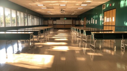 A bright, modern classroom with sunlight streaming through large windows, clean desks arranged in rows, evoking a sense of potential and readiness for learning.