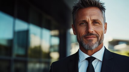 Fototapeta premium A confident businessman in a suit smiles warmly, standing outside a modern office building, representing success and professional achievement in the corporate world.