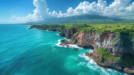 A scenic coastal landscape featuring cliffs, turquoise waters, and lush greenery under a blue sky.
