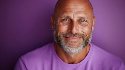 Obraz premium A portrait of a bald man with a gray beard smiling warmly. Set against a purple background, this image exudes friendliness and positive energy.