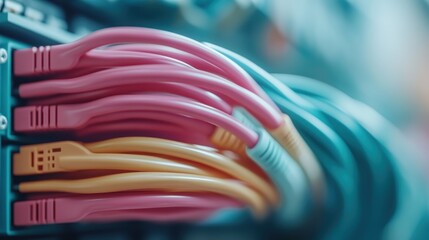 An artistic close-up of pink, red, and yellow network cables connected to a server, showcasing vivid colors and fiber optics technology in a data center environment.