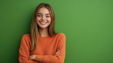 Fototapeta premium Portrait of beautiful young woman laughing on green wall Happy businesswoman excited with toothy smile. Enthusiastic cheerful girl looking at camera.