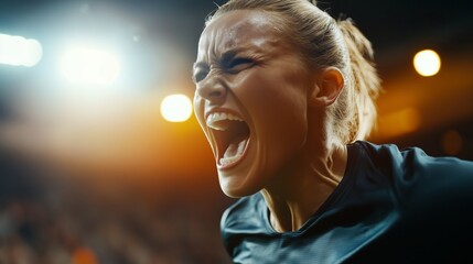 A professional woman athlete is showing her emotions after a crucial match win at the stadium. Closeup portrait of the female sportswoman celebrating victory during the game at the night stadium.