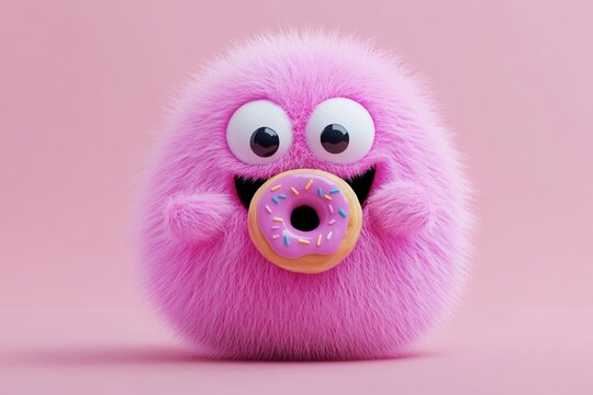 Pink fuzzy monster is holding a doughnut. The doughnut is covered in sprinkles. The monster is smiling and he is enjoying the doughnut
