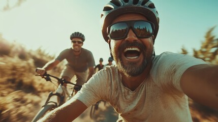A group of friends embraces the thrill and camaraderie of a biking adventure, capturing a selfie against a sunlit landscape, showcasing freedom and unity.
