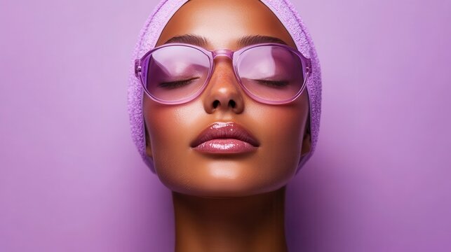 A stylish woman captured with eyes closed, wearing purple-tinted sunglasses and a matching headwrap, blending modern fashion with a serene yet confident expression.