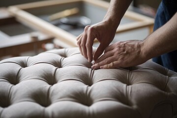 Close-up of skilled craftsman's hands meticulously attaching buttons to create the distinctive tufted pattern on a piece of upholstered furniture.
