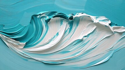 Abstract oil painting on canvas featuring aqua, yellow, white, pink, and blue brush strokes with palette knife texture.