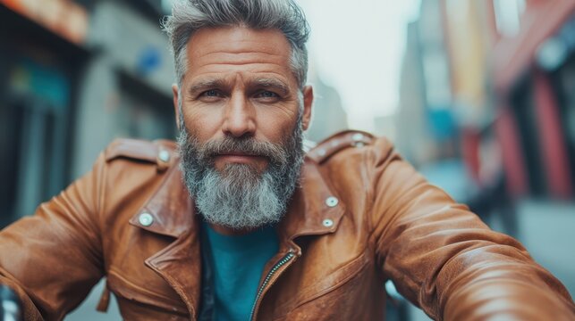 An older man with a silver beard and hair clad in a leather jacket, sitting confidently in a cityscape, reflecting wisdom and robust urban style.