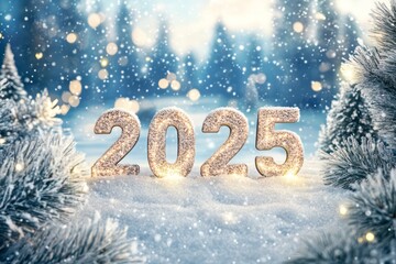 Illuminated 2025 New Year's Eve Numbers in a Snowy Winter Forest