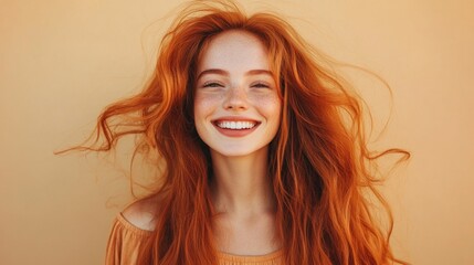 Naklejka premium Portrait of beautiful cheerful redhead girl with flying curly hair smiling laughing looking at camera over beige background.