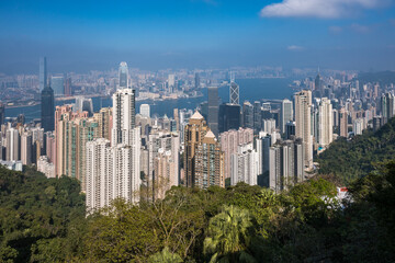 Fototapeta premium A panoramic view of Hong Kong dense cityscape, showcasing towering skyscrapers and a lush green hillside. The blue sky with a single fluffy cloud provides a picturesque backdrop.