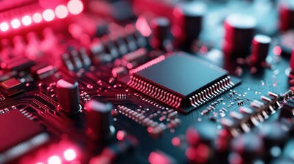 A detailed close-up of a circuit board showcasing the intricate network of microchips and illuminated components, symbolizing advanced technology and innovation.