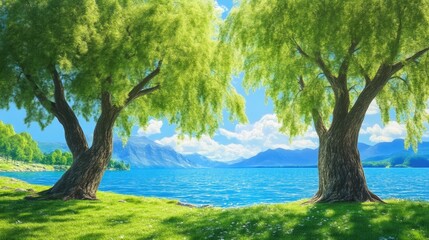 Fototapeta premium Sunny Day with Willow Trees and Gentle Breeze