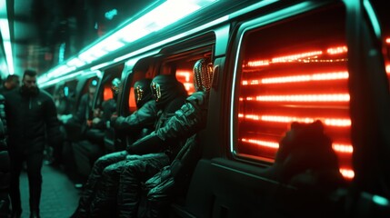 Fototapeta premium Mysterious figures wearing reflective masks occupy a darkly lit vehicle, highlighted by ambient red light, creating a sci-fi and suspenseful atmosphere.