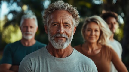 Fototapeta premium A group of mature individuals standing outdoors, exuding confidence and camaraderie, captured in warm, natural light and surrounded by a lush, green background.