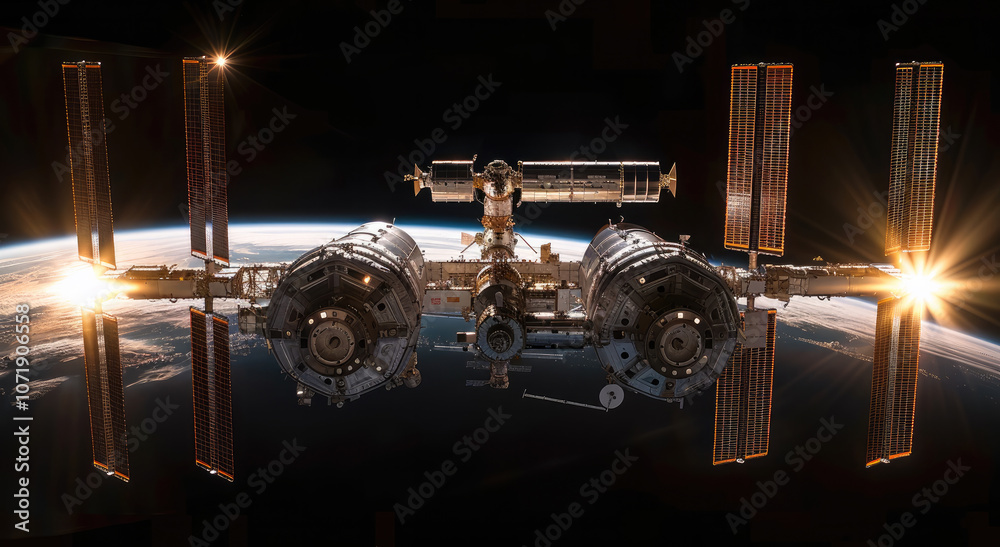Poster a space station with four distinct modules connecting in the center, orbiting above the earth, the s