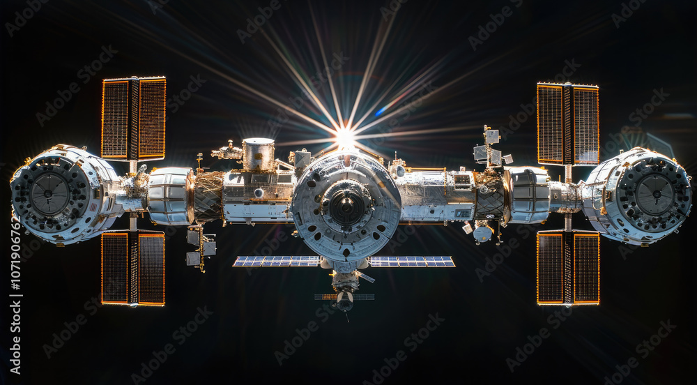 Poster a space station with four distinct modules connecting in the center, orbiting above the earth, the s