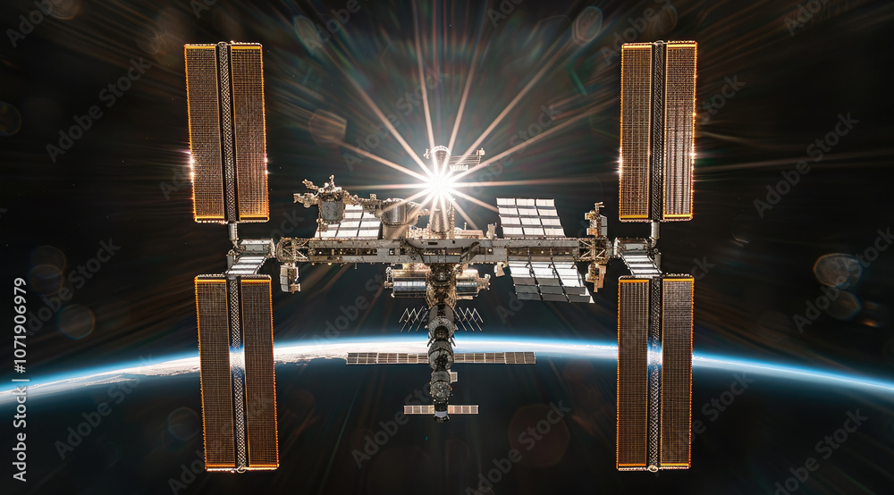 Poster a space station with four distinct modules connecting in the center, orbiting above the earth, the s