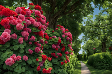 Obraz premium Red and pink geraniums in a lush garden with green trees and a blue sky, AI generated