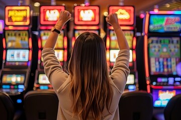 Naklejka premium Joyful woman celebrates in a lively casino surrounded by colorful slot machines and bright lights