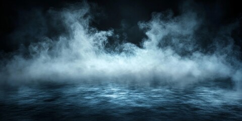 Naklejka premium Abstract Frozen Hockey Ice Rink with Smoke on Dark Background, Empty Ice Room, Neon Light Spotlights - Banner Design