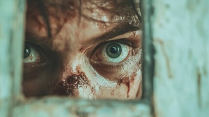 A pair of intense eyes peer through a narrow gap, conveying mystery and drama, set upon a backdrop that suggests a thrilling and suspenseful narrative.